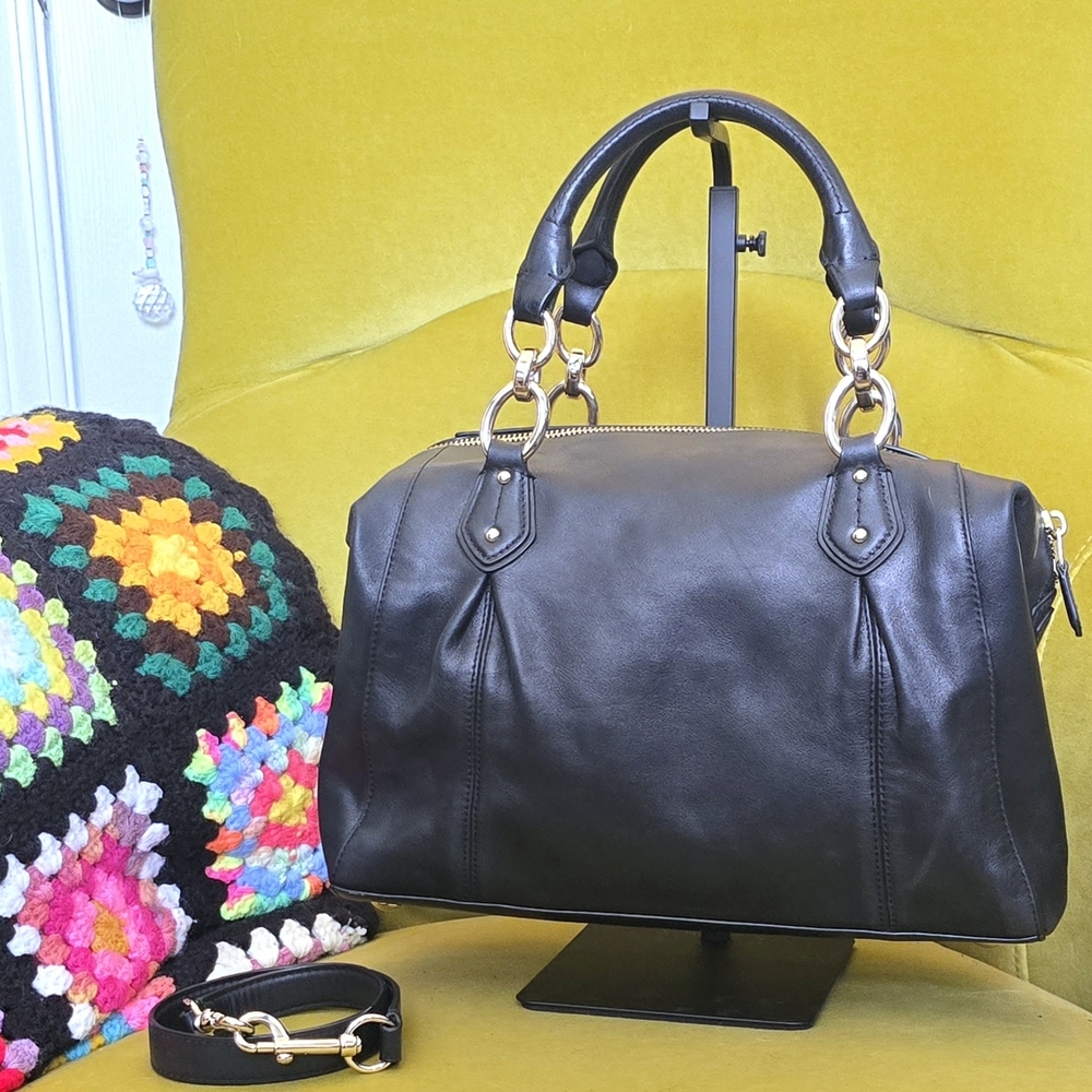 Coach Collette Black Leather Satchel with Cherry Charm (33806) - Picture 2 of 7
